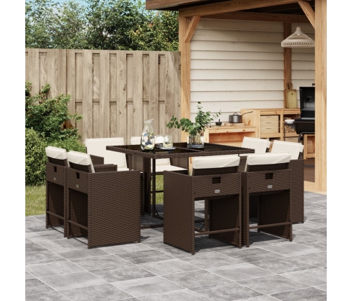 Set comedor para jardín 9 pzas y cojines ratán sintético marrón