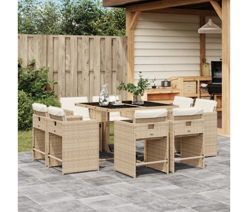 Set comedor de jardín 9 pzas con cojines ratán sintético beige