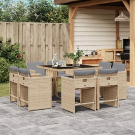 Set comedor de jardín 9 pzas con cojines ratán sintético beige