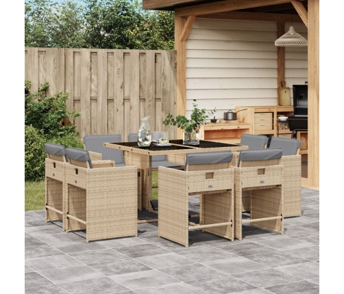 Set comedor de jardín 9 pzas con cojines ratán sintético beige