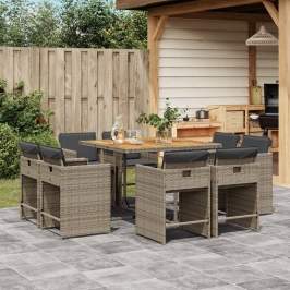 Set comedor jardín 9 pzas y cojines ratán sintético gris