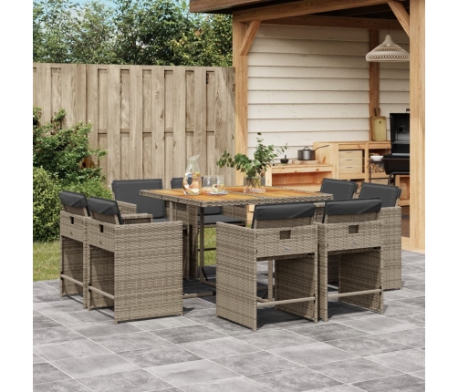 Set comedor jardín 9 pzas y cojines ratán sintético gris