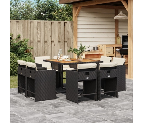 Set de comedor de jardín 9 pzas y cojines ratán sintético negro
