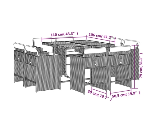 Set comedor de jardín 9 pzas con cojines ratán sintético beige