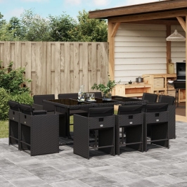 Set de comedor jardín 11 pzas con cojines ratán sintético negro