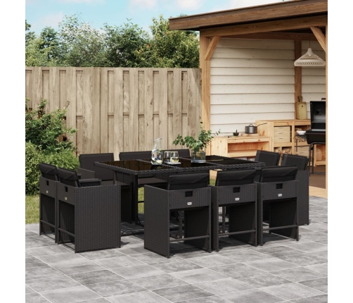 Set de comedor jardín 11 pzas con cojines ratán sintético negro