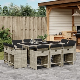 Set de comedor de jardín 11 pzas y cojines ratán sintético gris