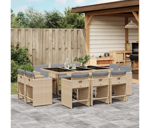 Set comedor de jardín 11 pzas con cojines ratán sintético beige