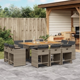 Set de comedor de jardín 11 pzas y cojines ratán sintético gris
