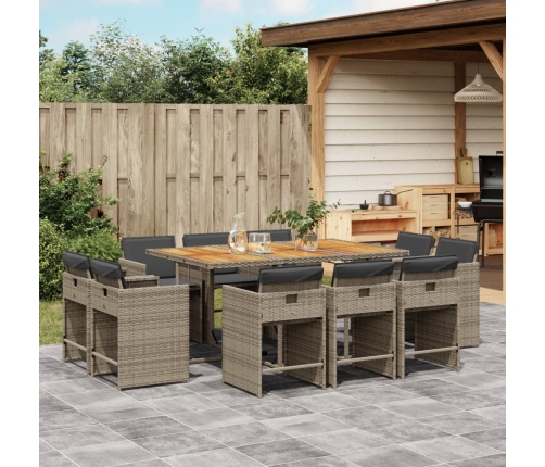 Set de comedor de jardín 11 pzas y cojines ratán sintético gris