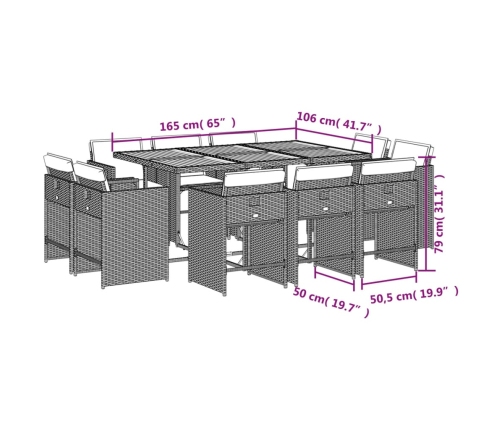 Set comedor de jardín 11 pzas con cojines ratán sintético beige