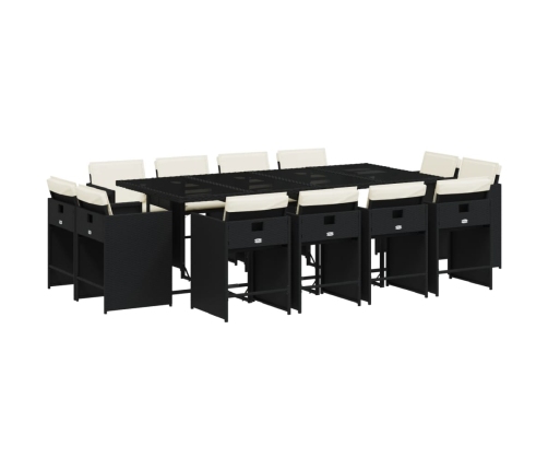 Set comedor de jardín con cojines 13 pzas ratán sintético negro