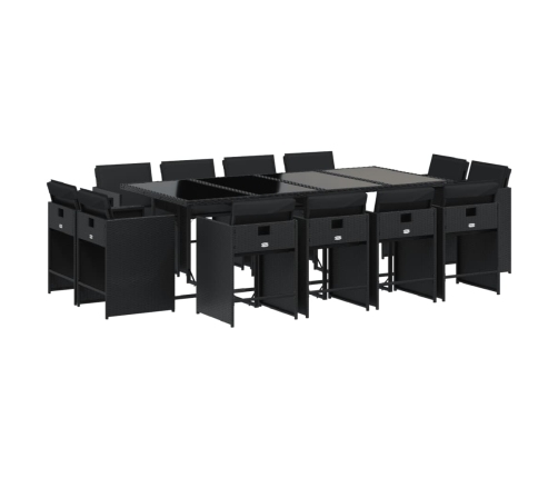 Set comedor de jardín con cojines 13 pzas ratán sintético negro