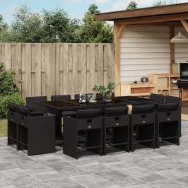 Set comedor de jardín con cojines 13 pzas ratán sintético negro