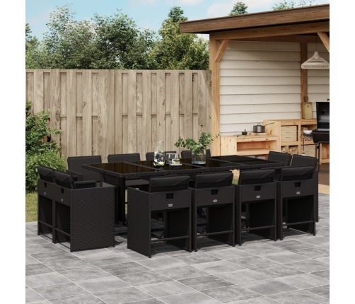 Set comedor de jardín con cojines 13 pzas ratán sintético negro