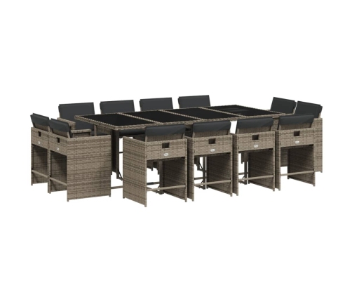 Set comedor de jardín con cojines 13 pzas ratán sintético gris
