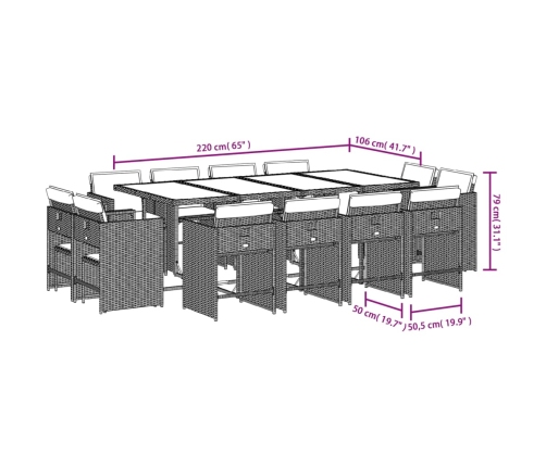 Set comedor de jardín con cojines 13 pzas ratán sintético gris