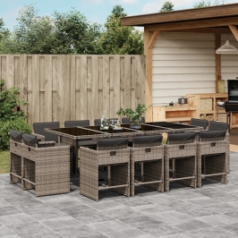 Set comedor de jardín con cojines 13 pzas ratán sintético gris