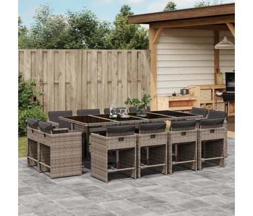 Set comedor de jardín con cojines 13 pzas ratán sintético gris