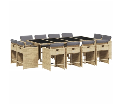 Set comedor de jardín con cojines 13 pzas ratán sintético beige