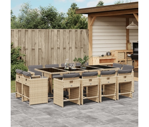 Set comedor de jardín con cojines 13 pzas ratán sintético beige