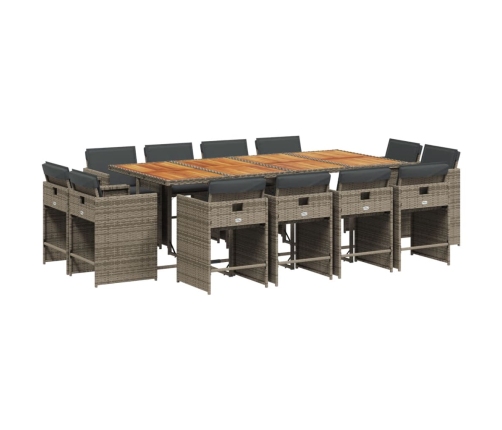 Set comedor de jardín con cojines 13 pzas ratán sintético gris