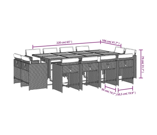 Set comedor de jardín con cojines 13 pzas ratán sintético gris