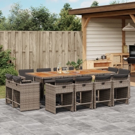 Set comedor de jardín con cojines 13 pzas ratán sintético gris