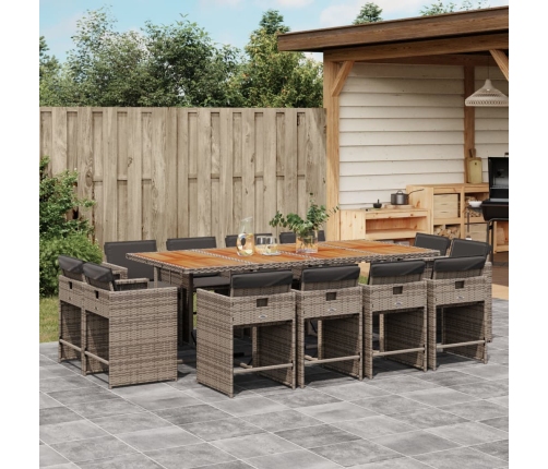 Set comedor de jardín con cojines 13 pzas ratán sintético gris