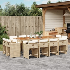 Set comedor de jardín con cojines 13 pzas ratán sintético beige