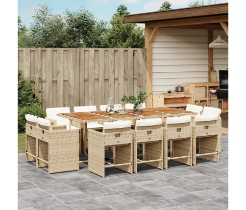 Set comedor de jardín con cojines 13 pzas ratán sintético beige