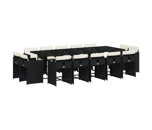 Set comedor de jardín con cojines 15 pzas ratán sintético negro