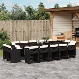 Set comedor de jardín con cojines 15 pzas ratán sintético negro