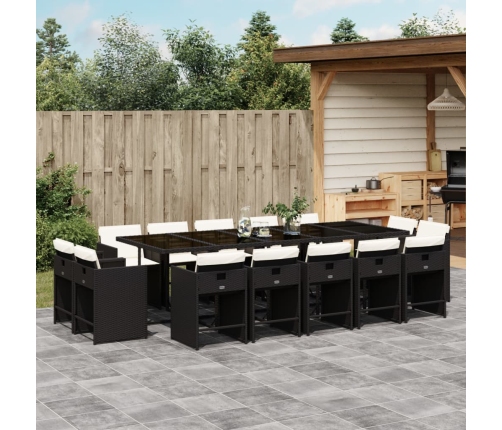 Set comedor de jardín con cojines 15 pzas ratán sintético negro