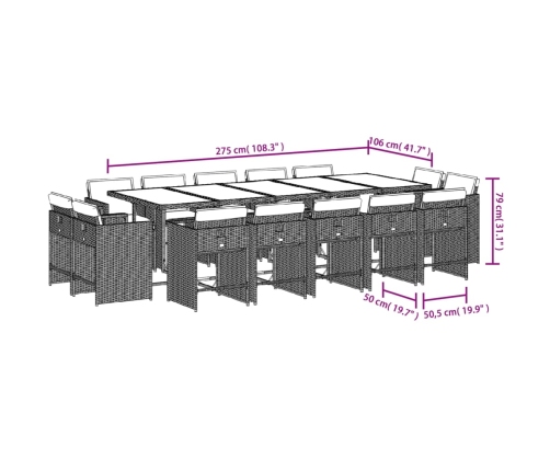Set comedor de jardín con cojines 15 pzas ratán sintético negro
