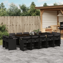 Set comedor de jardín con cojines 15 pzas ratán sintético negro