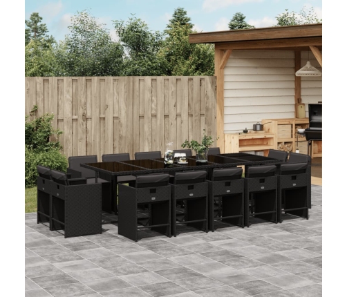 Set comedor de jardín con cojines 15 pzas ratán sintético negro