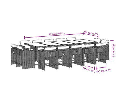 Set comedor de jardín con cojines 15 pzas ratán sintético gris