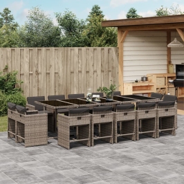 Set comedor de jardín con cojines 15 pzas ratán sintético gris