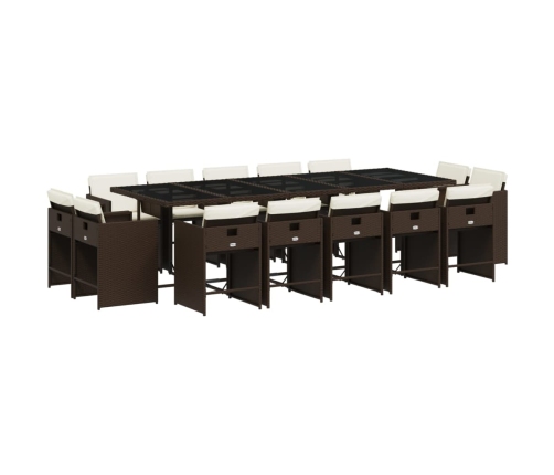Set comedor de jardín y cojines 15 pzas ratán sintético marrón