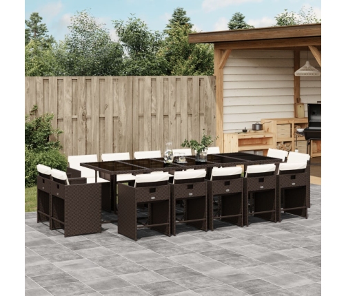 Set comedor de jardín y cojines 15 pzas ratán sintético marrón