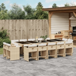 Set comedor de jardín con cojines 15 pzas ratán sintético beige