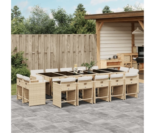 Set comedor de jardín con cojines 15 pzas ratán sintético beige