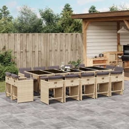 Set comedor de jardín con cojines 15 pzas ratán sintético beige