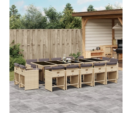 Set comedor de jardín con cojines 15 pzas ratán sintético beige