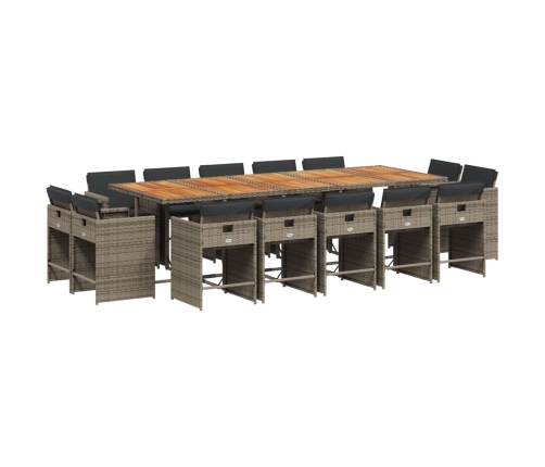 Set comedor de jardín con cojines 15 pzas ratán sintético gris
