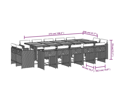 Set comedor de jardín con cojines 15 pzas ratán sintético gris