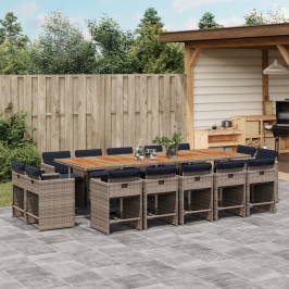 Set comedor de jardín con cojines 15 pzas ratán sintético gris