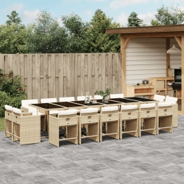 Set comedor de jardín 17 pzas con cojines ratán sintético beige