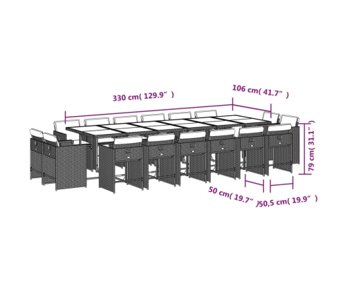 Set comedor de jardín 17 pzas con cojines ratán sintético beige